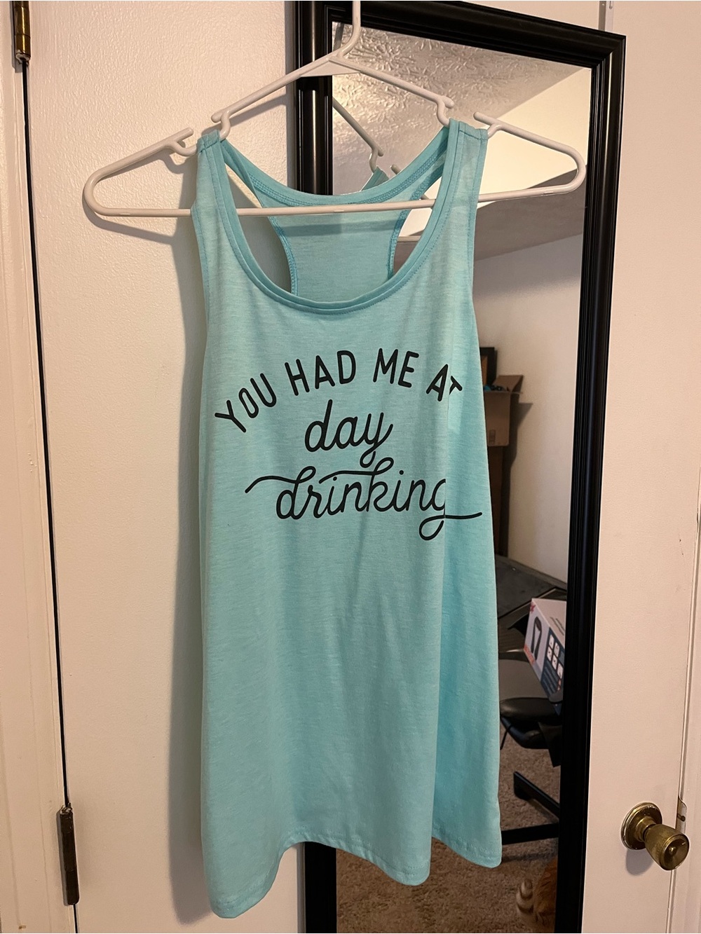 Aqua Tank Top with "You Had Me at Day Drinking" Graphic